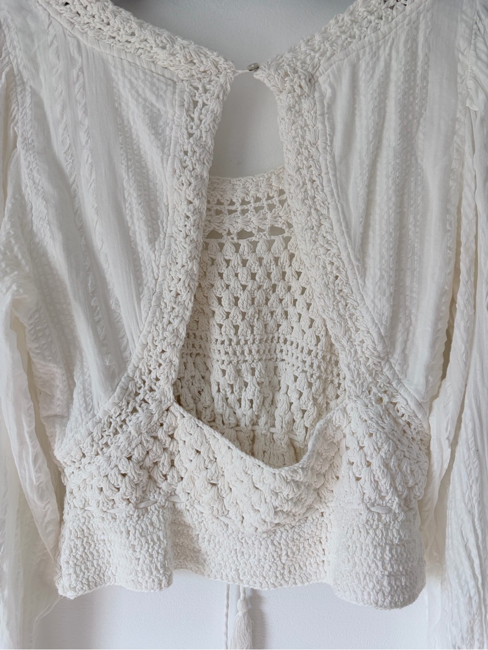 Free People Megan Crochet Top Creamy White Boho Long Sleeve Blouse size large - Picture 8 of 9